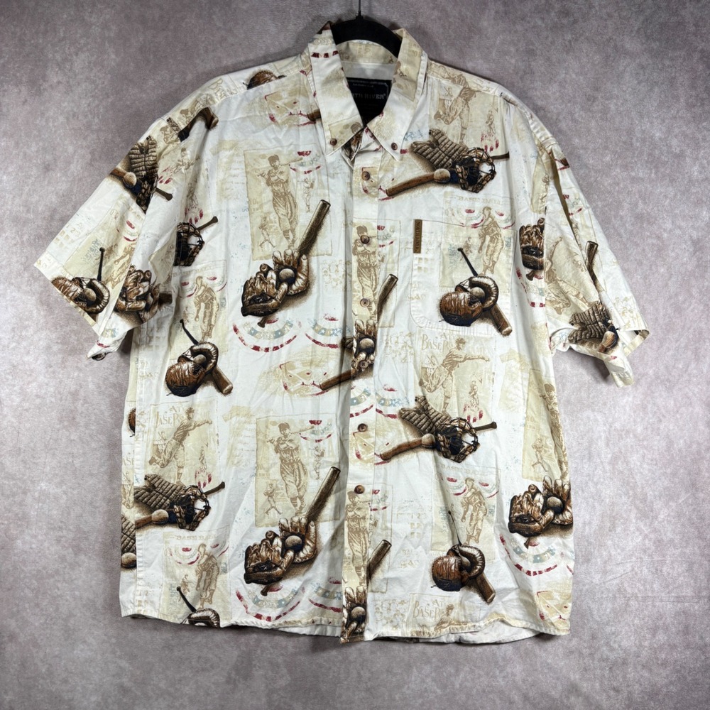 North River Button Down Shirt Mens XL White Baseball Graphic Short Sleeve Cotton